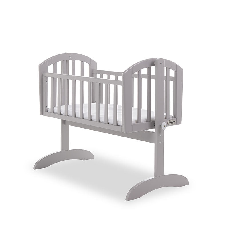 Swinging baby crib with rails on all 4 sides, curved top, with locking catch. 