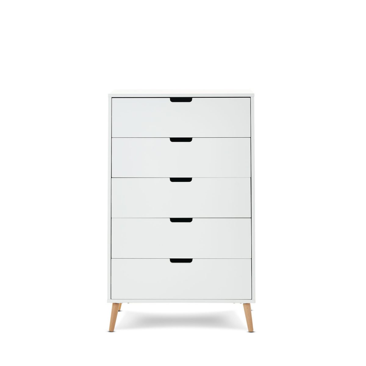 Maya Tall Chest with 5 drawers with open cut out handles. 