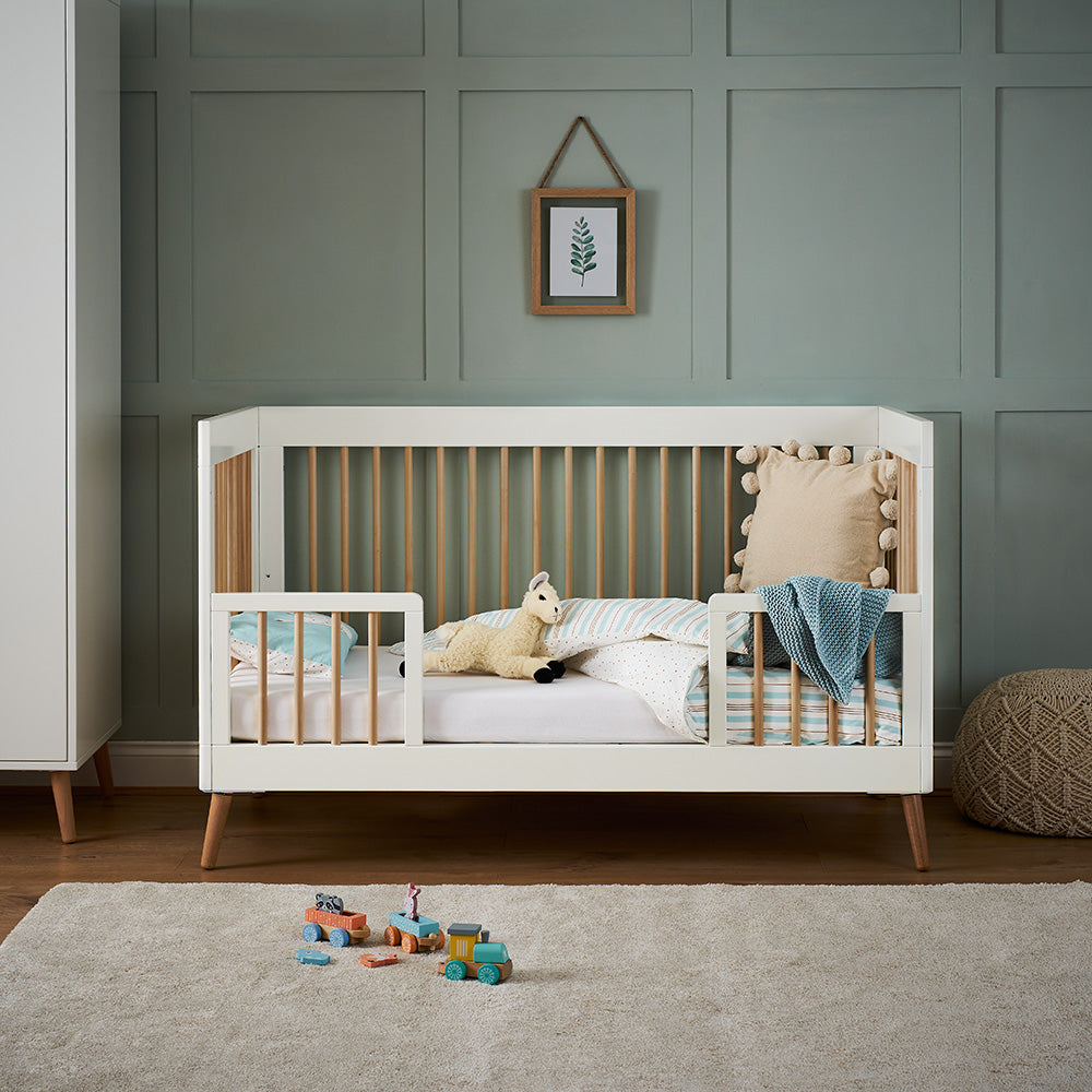 Scandi Cot Bed with Toddler Safety Rails - White & Natural | Obaby 