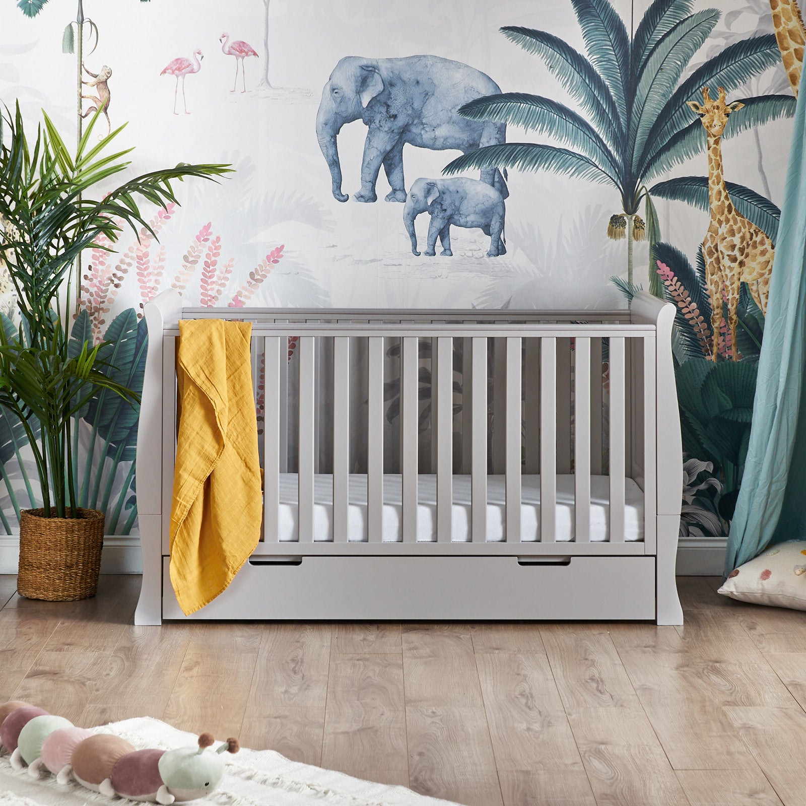 Sleigh Cot Bed with curved, solid ends, rails on both sides with teething rails & under drawer includes with cut out handles 