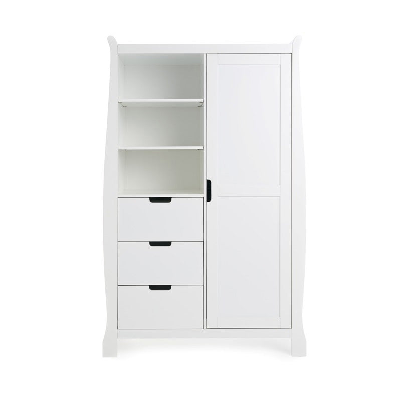 Sleigh Double Wardrobe, with curved sides, left hand side has 3 display shelves & 3 drawers underneth, right hand side has full length door, all with open cut out handles.