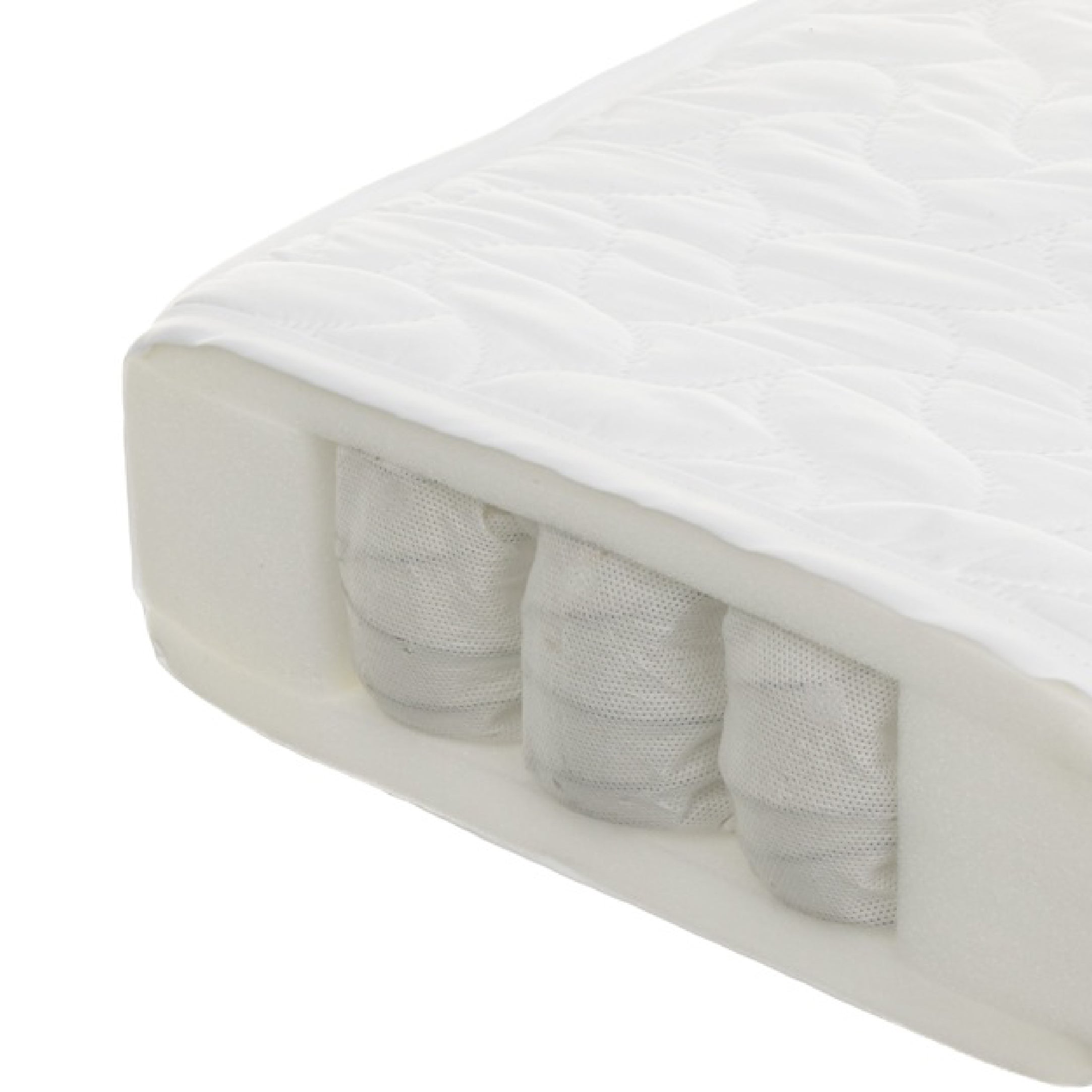 cot mattress, baby mattress showing pocket sprung & padded cover.